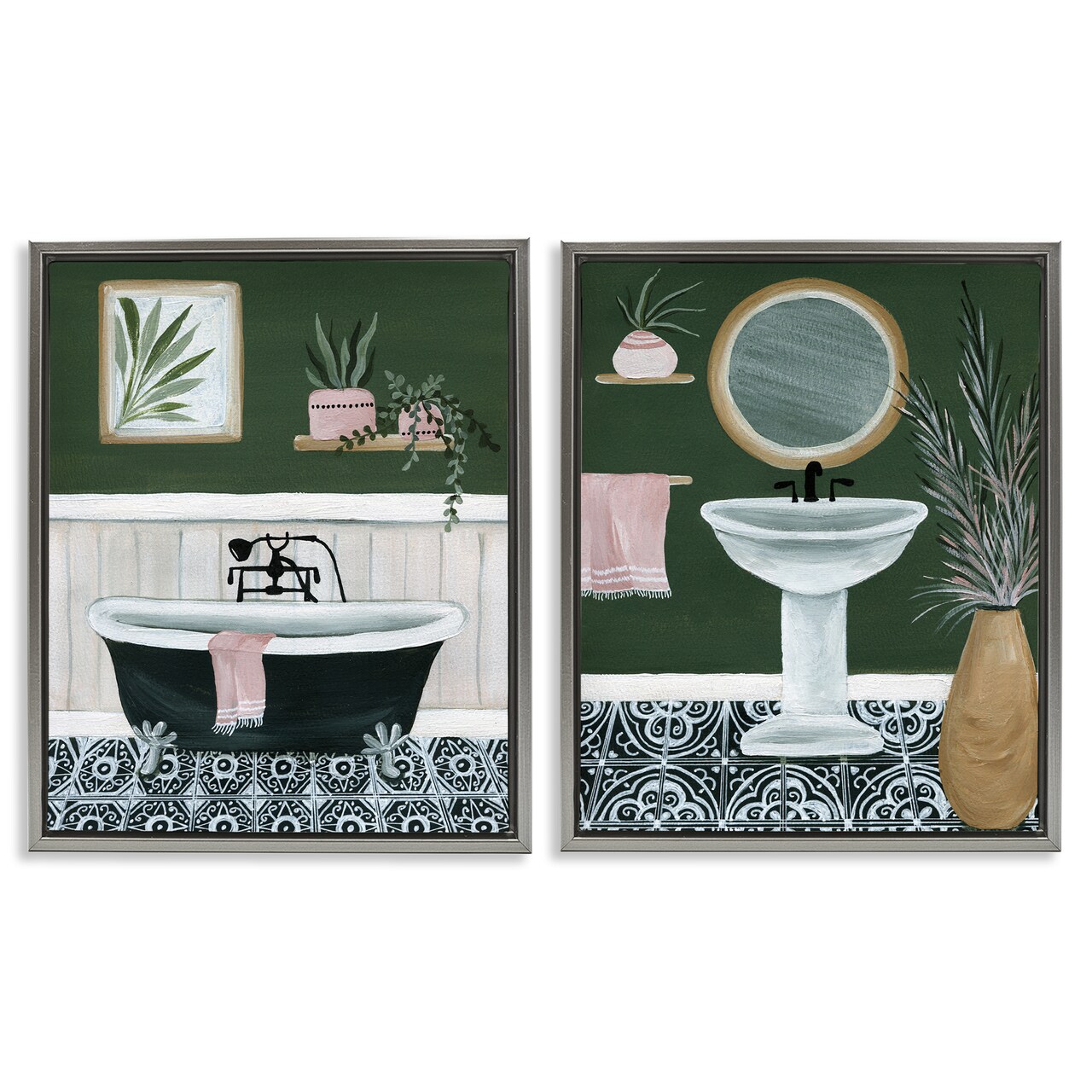 Stupell Industries Inviting Bold Green Bathroom 2 pc Framed Floater Canvas Wall Art Set Design by Yvette St. Amant